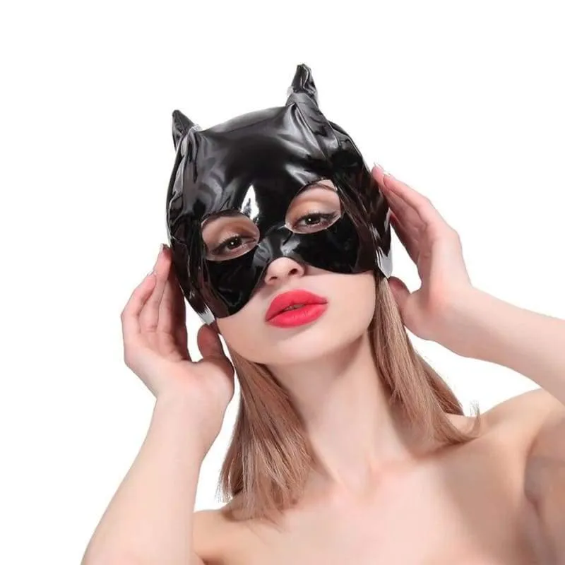 "Catwoman"  - Fetish Mistress Cat Head Hood For BDSM Cosplay Headgear Bondage with Cat Ears Restraints Half Face Mask