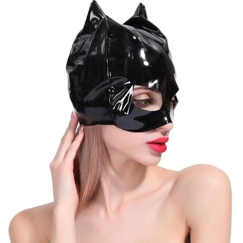 "Catwoman"  - Fetish Mistress Cat Head Hood For BDSM Cosplay Headgear Bondage with Cat Ears Restraints Half Face Mask