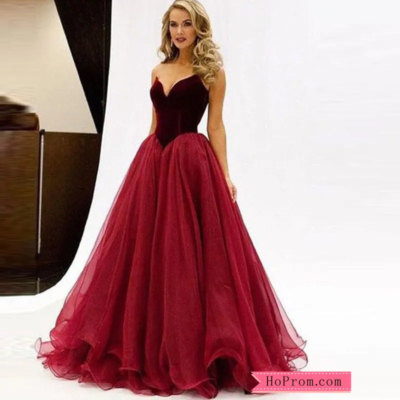 Red A Line Chiffon Velvet Strapless bodice Prom Dresses