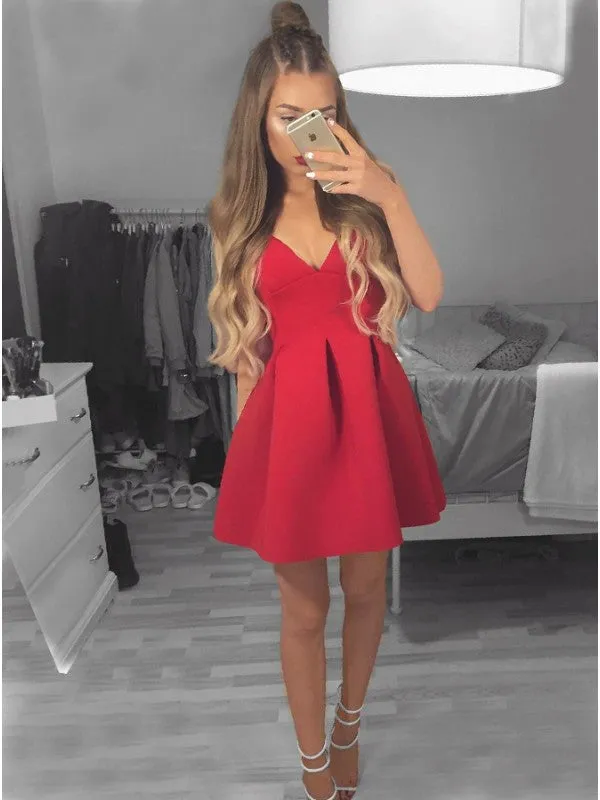 Red Deep V-Neck Satin Short Homecoming Dress