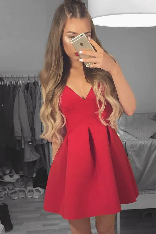 Red Deep V-Neck Satin Short Homecoming Dress