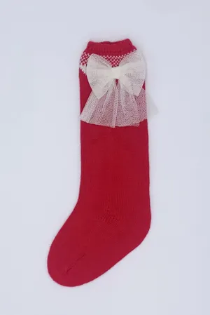 Red Knee High Tulle Bow Socks