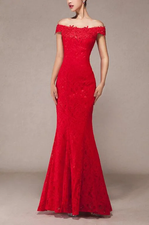 Red Lace Mermaid Off Shoulder Evening Gown, Red Lace Party Dress, Wedding Party Dress