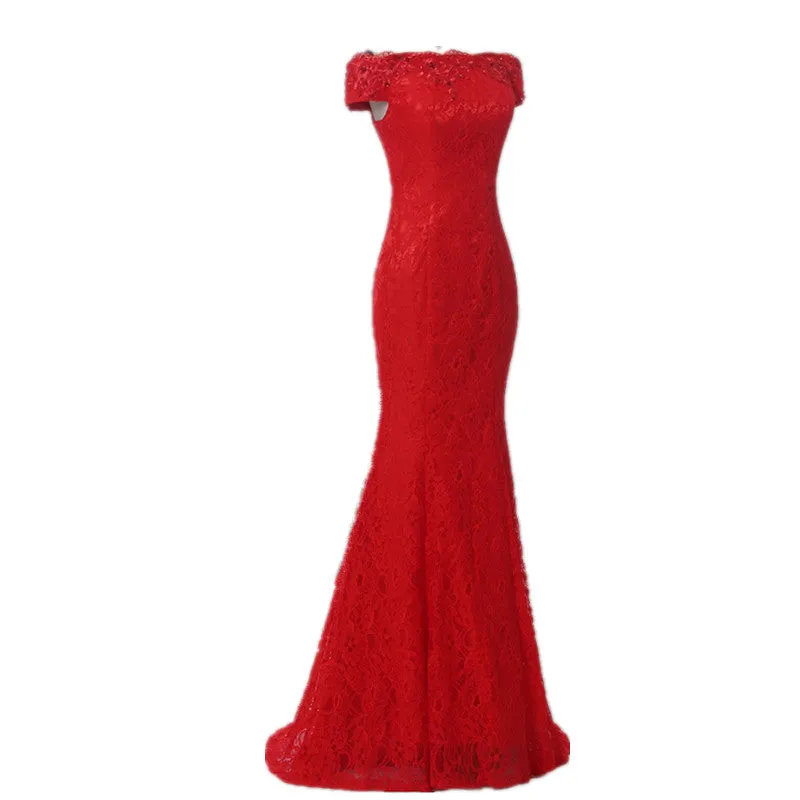 Red Lace Mermaid Off Shoulder Evening Gown, Red Lace Party Dress, Wedding Party Dress