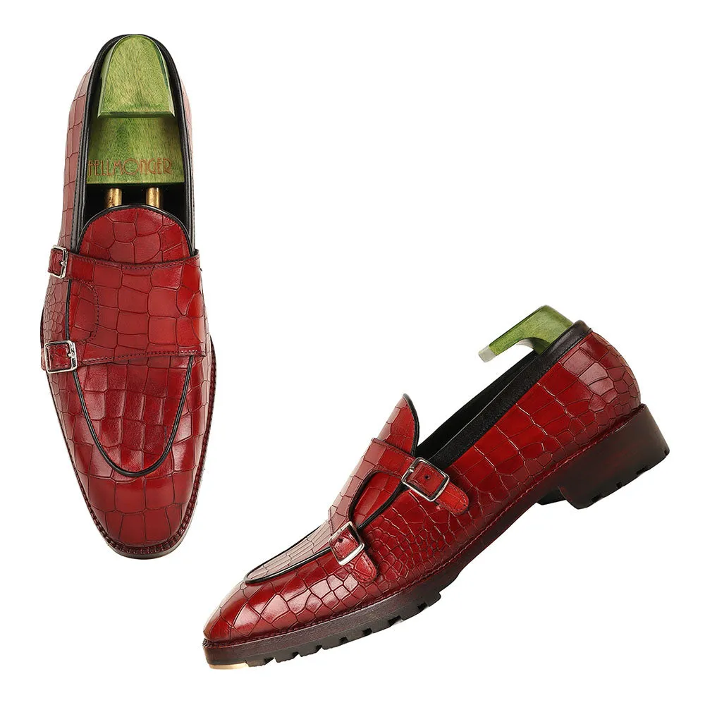 Red Mirror Glossed Patina Croco Batwing Slipon   Commando Sole   Metal Toe
