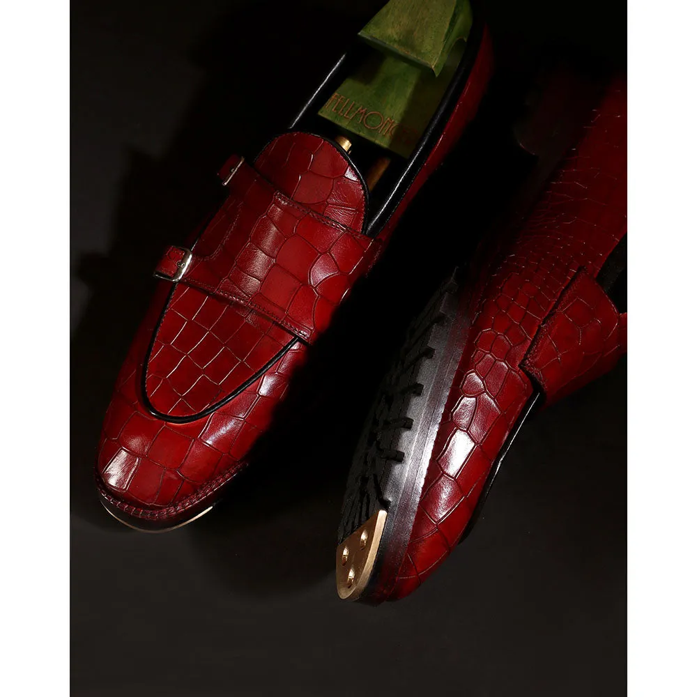 Red Mirror Glossed Patina Croco Batwing Slipon   Commando Sole   Metal Toe