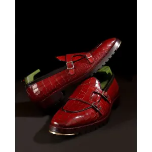 Red Mirror Glossed Patina Croco Batwing Slipon   Commando Sole   Metal Toe