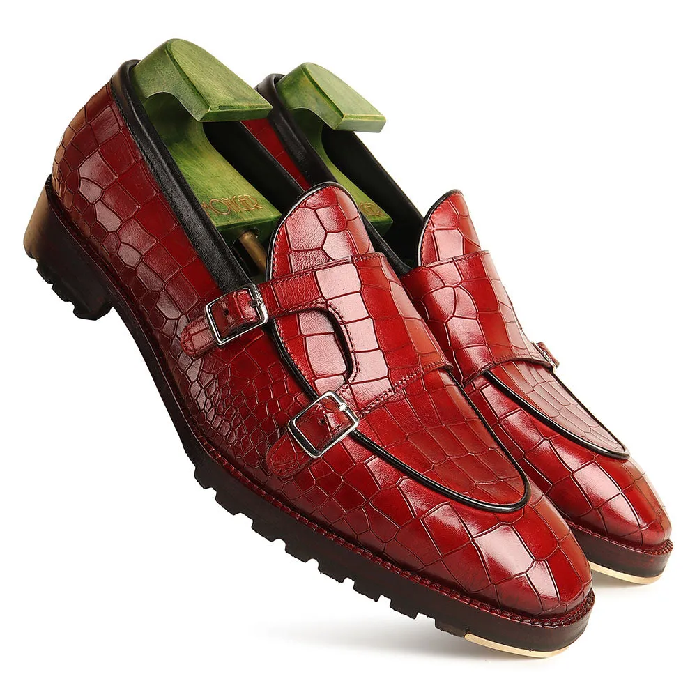 Red Mirror Glossed Patina Croco Batwing Slipon   Commando Sole   Metal Toe