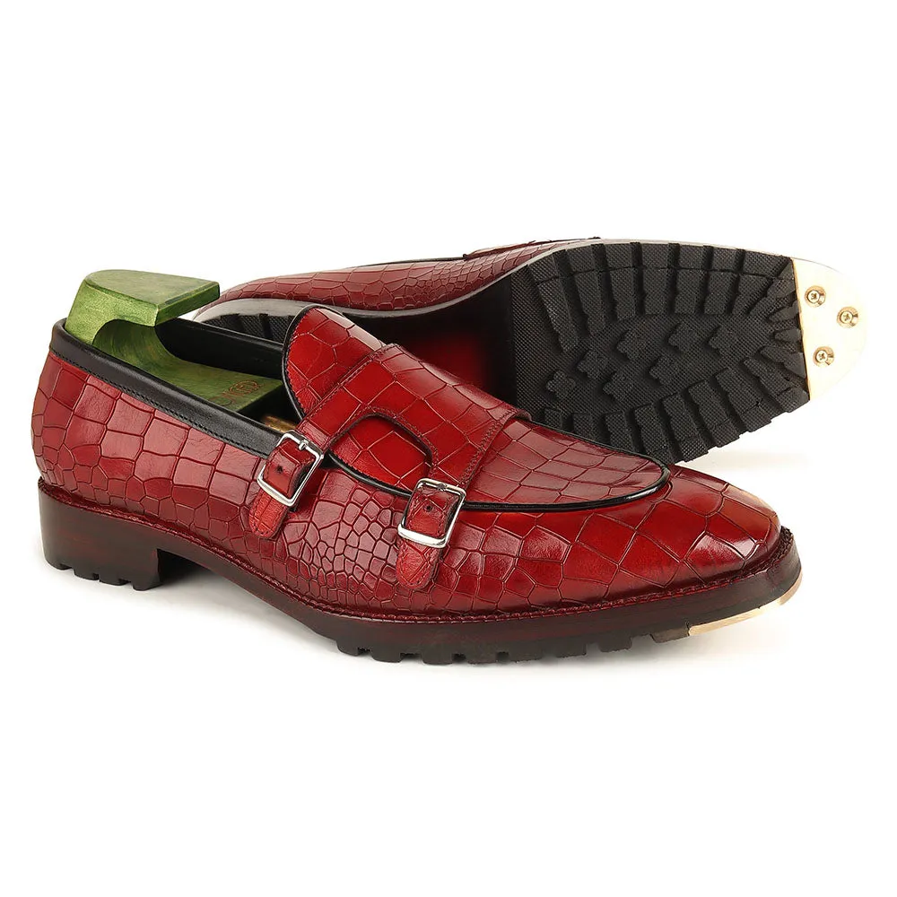 Red Mirror Glossed Patina Croco Batwing Slipon   Commando Sole   Metal Toe