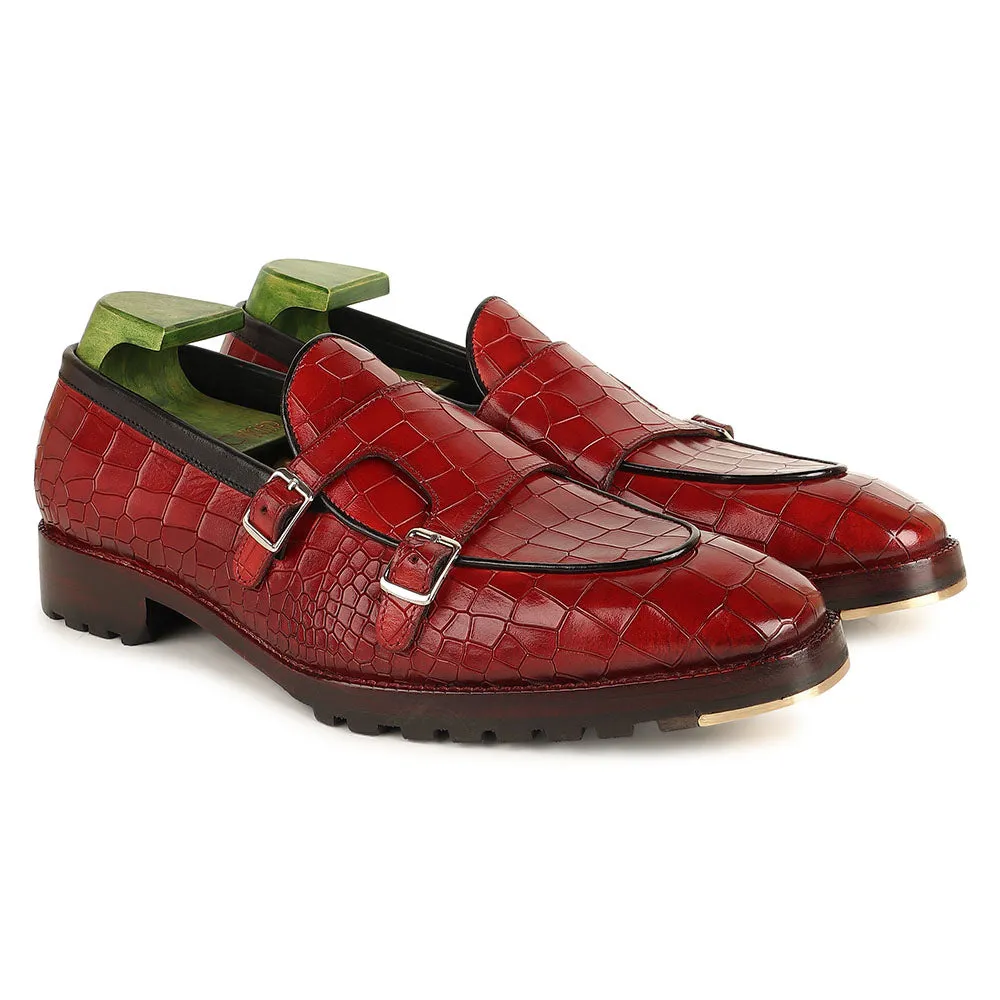 Red Mirror Glossed Patina Croco Batwing Slipon   Commando Sole   Metal Toe