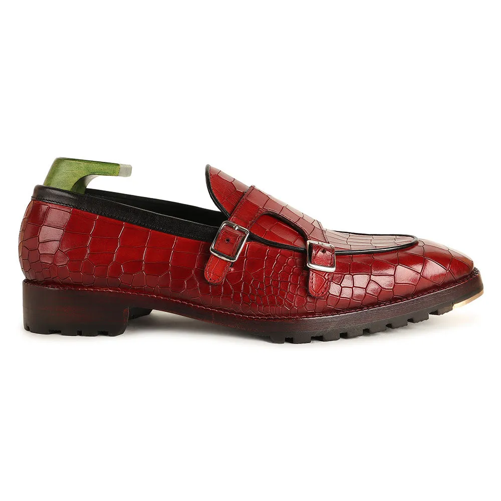 Red Mirror Glossed Patina Croco Batwing Slipon   Commando Sole   Metal Toe