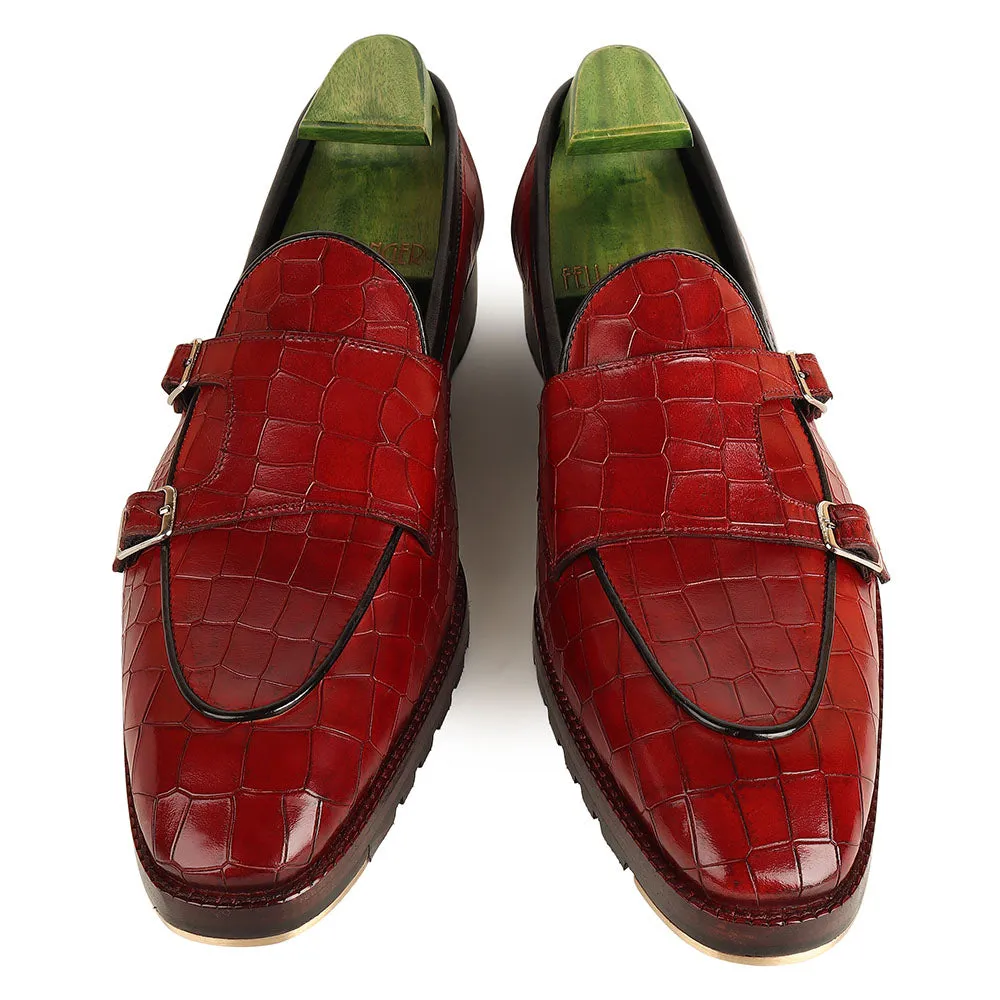 Red Mirror Glossed Patina Croco Batwing Slipon   Commando Sole   Metal Toe