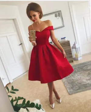 Red Off Shoulder Short Sleeve Knee Length Stain Homecoming Dresses