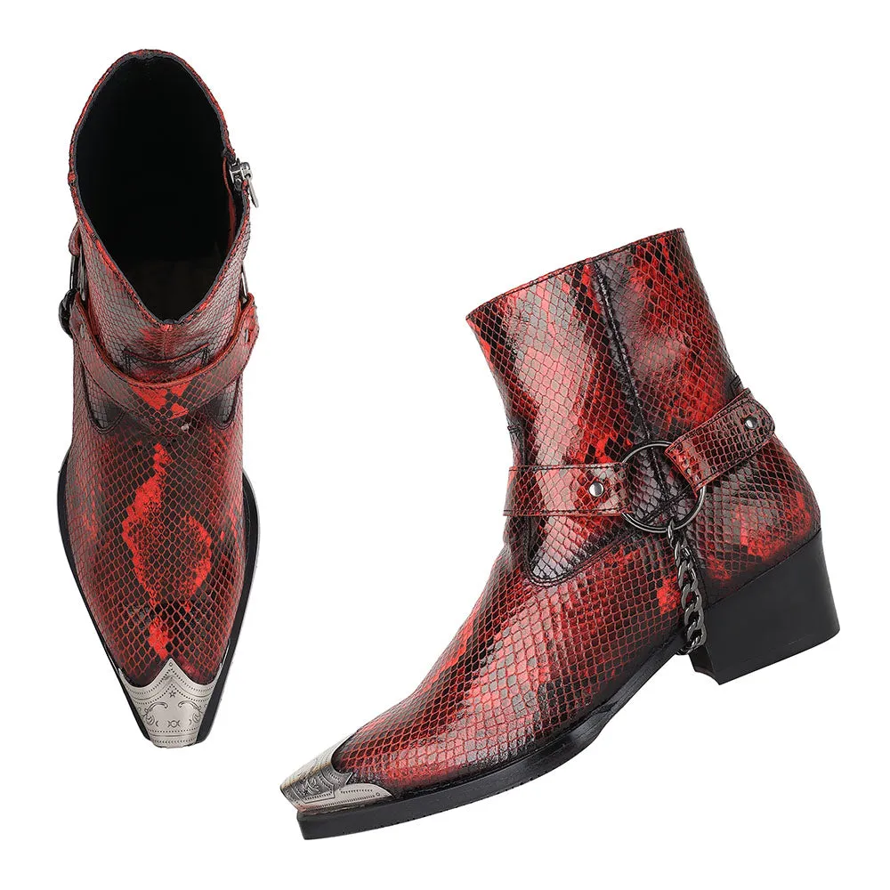 Red Python Foil Cowboy Chain Boots   Silver Detailed Wingcap  Cuban Heels