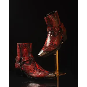 Red Python Foil Cowboy Chain Boots   Silver Detailed Wingcap  Cuban Heels