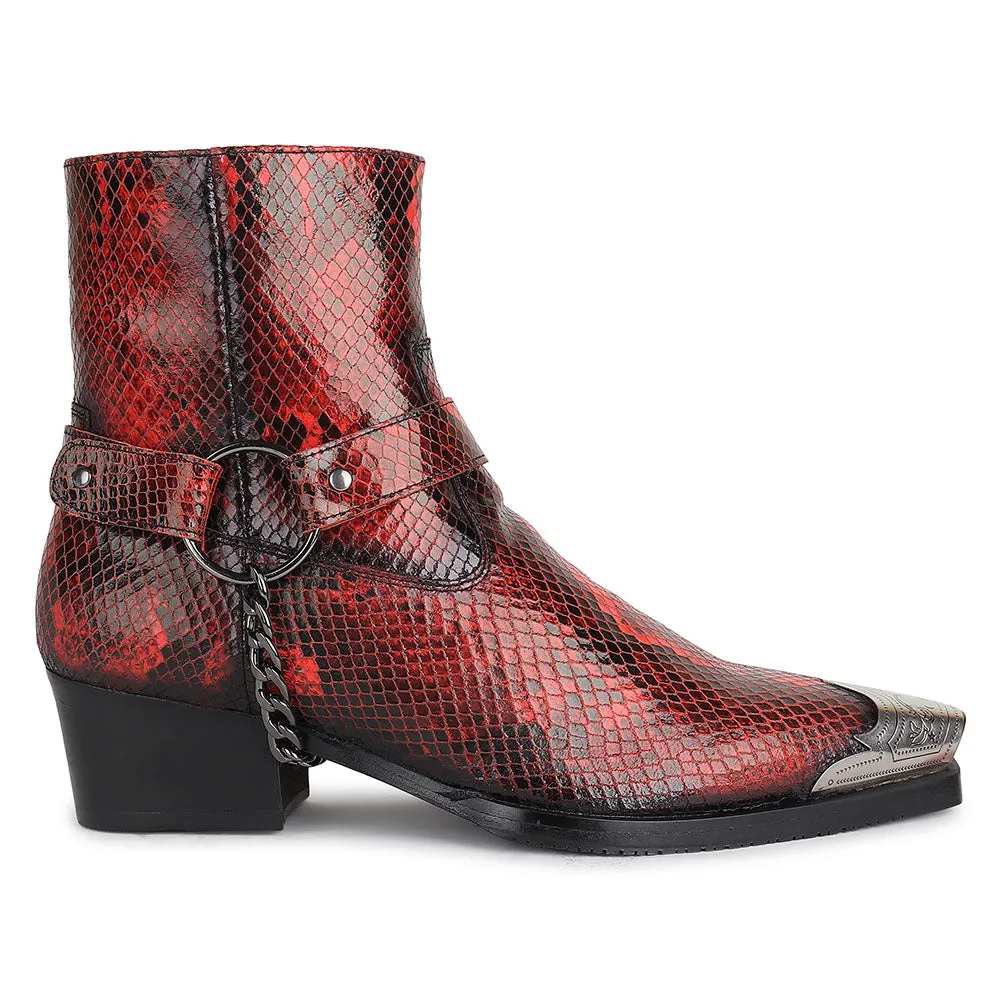 Red Python Foil Cowboy Chain Boots   Silver Detailed Wingcap  Cuban Heels