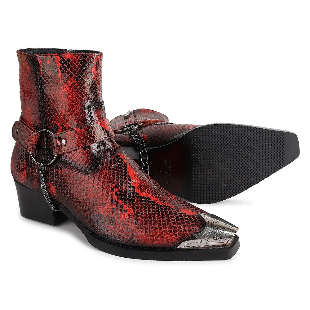 Red Python Foil Cowboy Chain Boots   Silver Detailed Wingcap  Cuban Heels