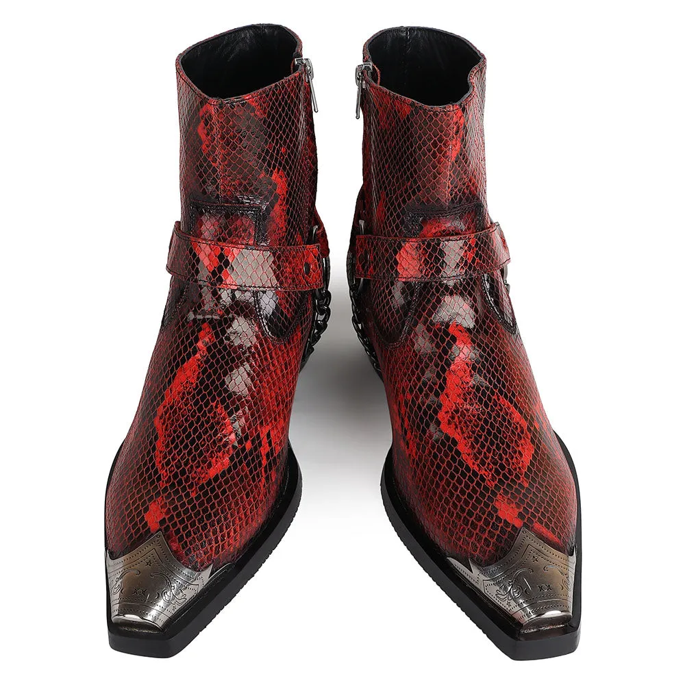 Red Python Foil Cowboy Chain Boots   Silver Detailed Wingcap  Cuban Heels