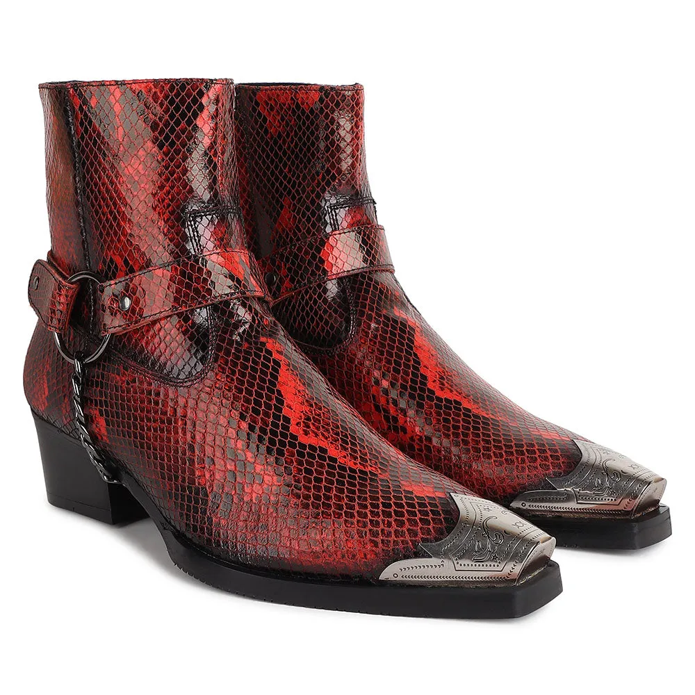 Red Python Foil Cowboy Chain Boots   Silver Detailed Wingcap  Cuban Heels