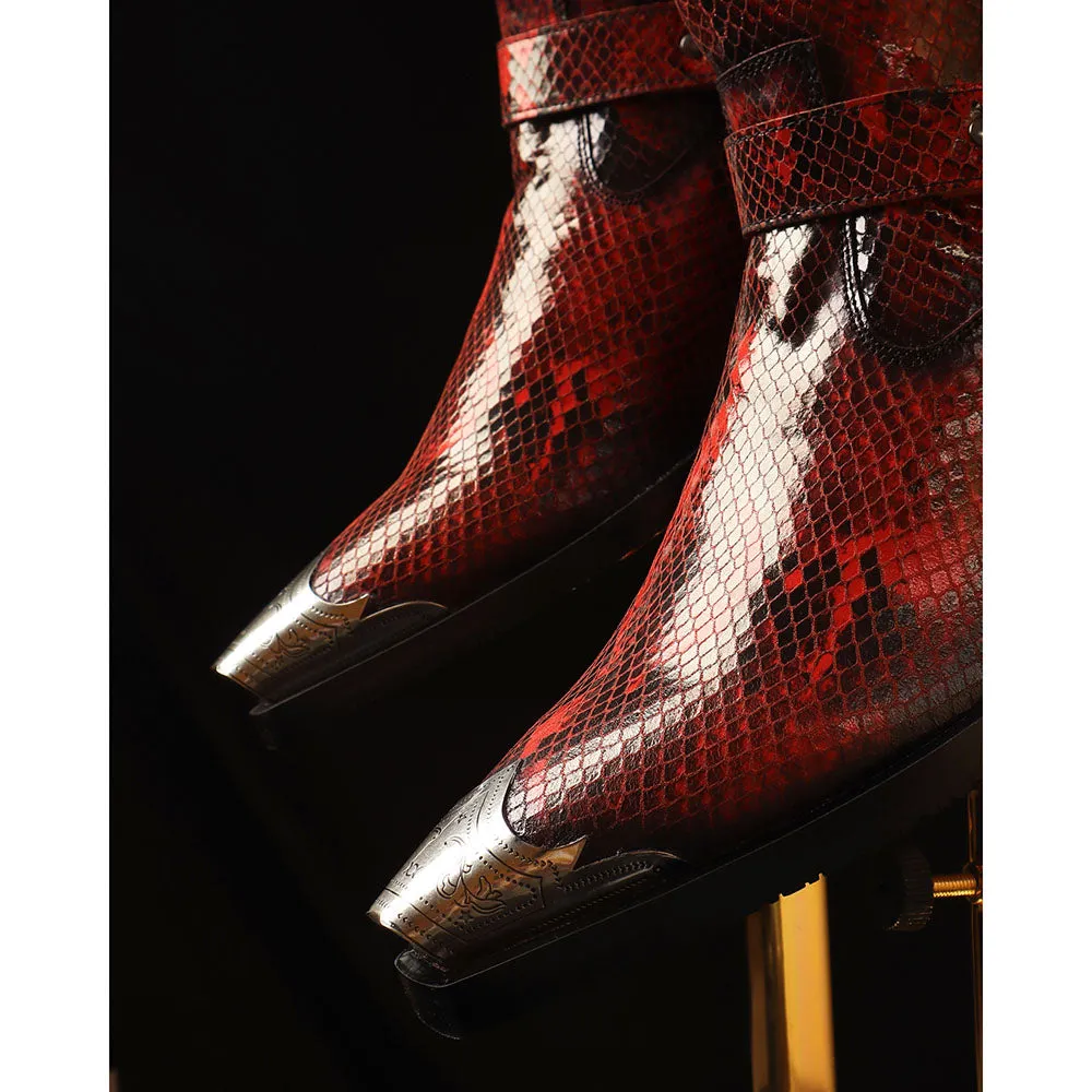 Red Python Foil Cowboy Chain Boots   Silver Detailed Wingcap  Cuban Heels