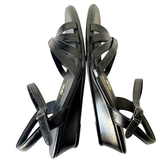 SAS Tripad Strippy Comfort‎ Wedge Sandal Black Patent Dress Made in USA Size 11