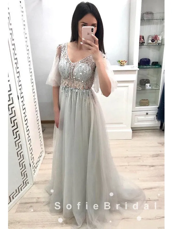 See Through A-Line V-Neck 3/4 Sleeves Tulle Long Prom Dresses With Beading,SFPD0018