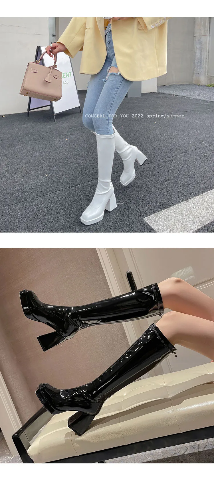 Selene-300 Knee-High Patent Leather Boots