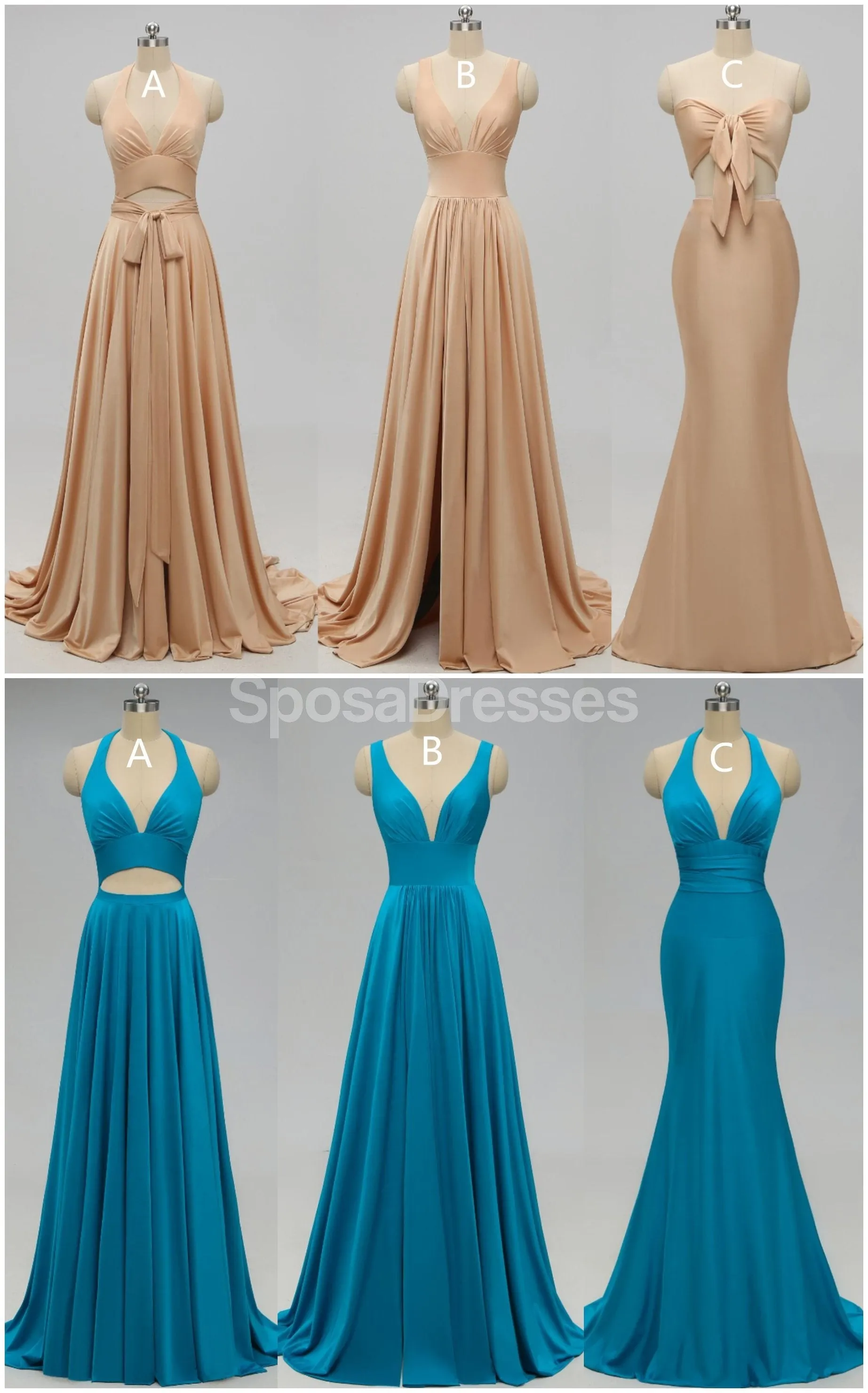 Sexy Mismatched Side Slit Long Gold Bridesmaid Dresses, WG229