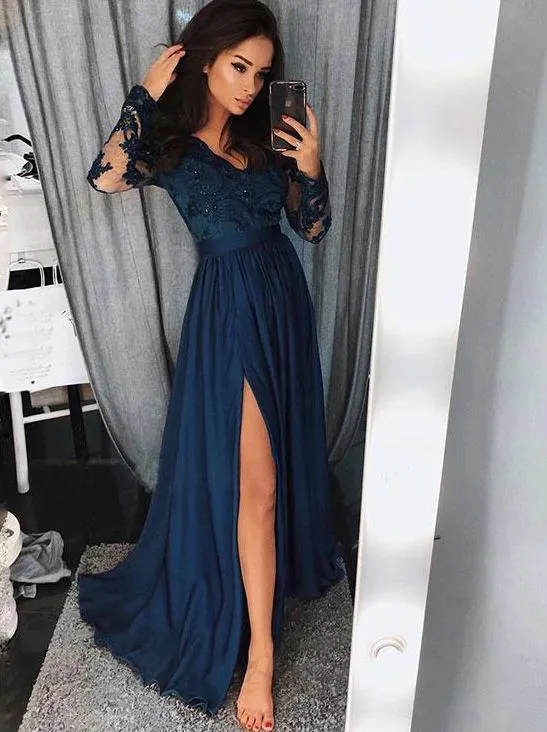 Sexy Slit Long Sleeve Prom Dresses V Neck Evening Party Dress