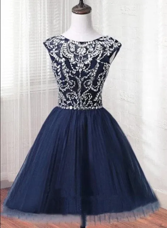 Short Tulle Beaded Dress Blue Knee Length Homecoming Dress, Cute Party Dress