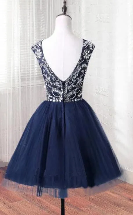 Short Tulle Beaded Dress Blue Knee Length Homecoming Dress, Cute Party Dress