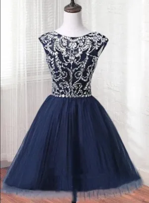 Short Tulle Beaded Dress Blue Knee Length Homecoming Dress, Cute Party Dress