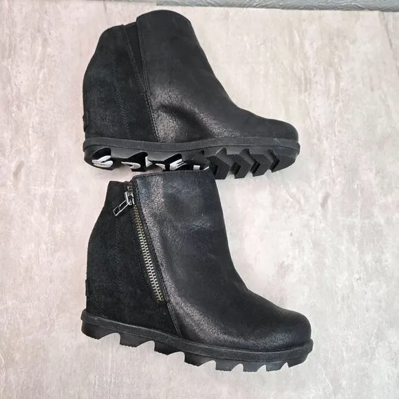 Sorel Ankle Wedge Booties Size 6.5 Black Leather Casual Short Platform Boots
