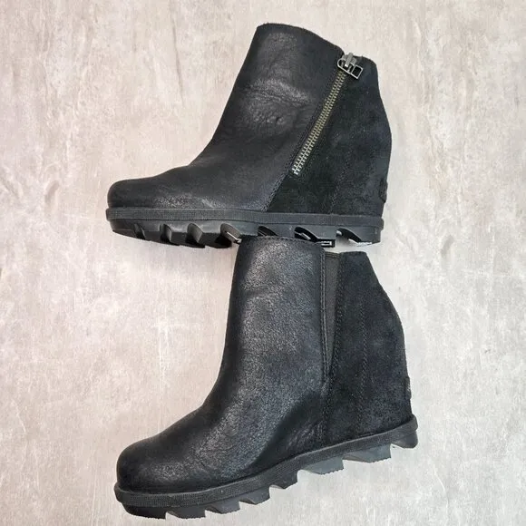 Sorel Ankle Wedge Booties Size 6.5 Black Leather Casual Short Platform Boots
