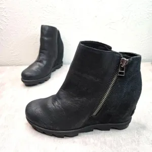 Sorel Ankle Wedge Booties Size 6.5 Black Leather Casual Short Platform Boots
