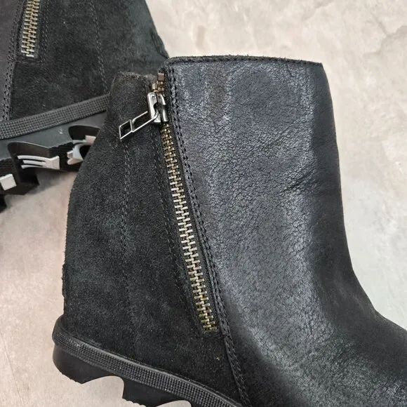 Sorel Ankle Wedge Booties Size 6.5 Black Leather Casual Short Platform Boots