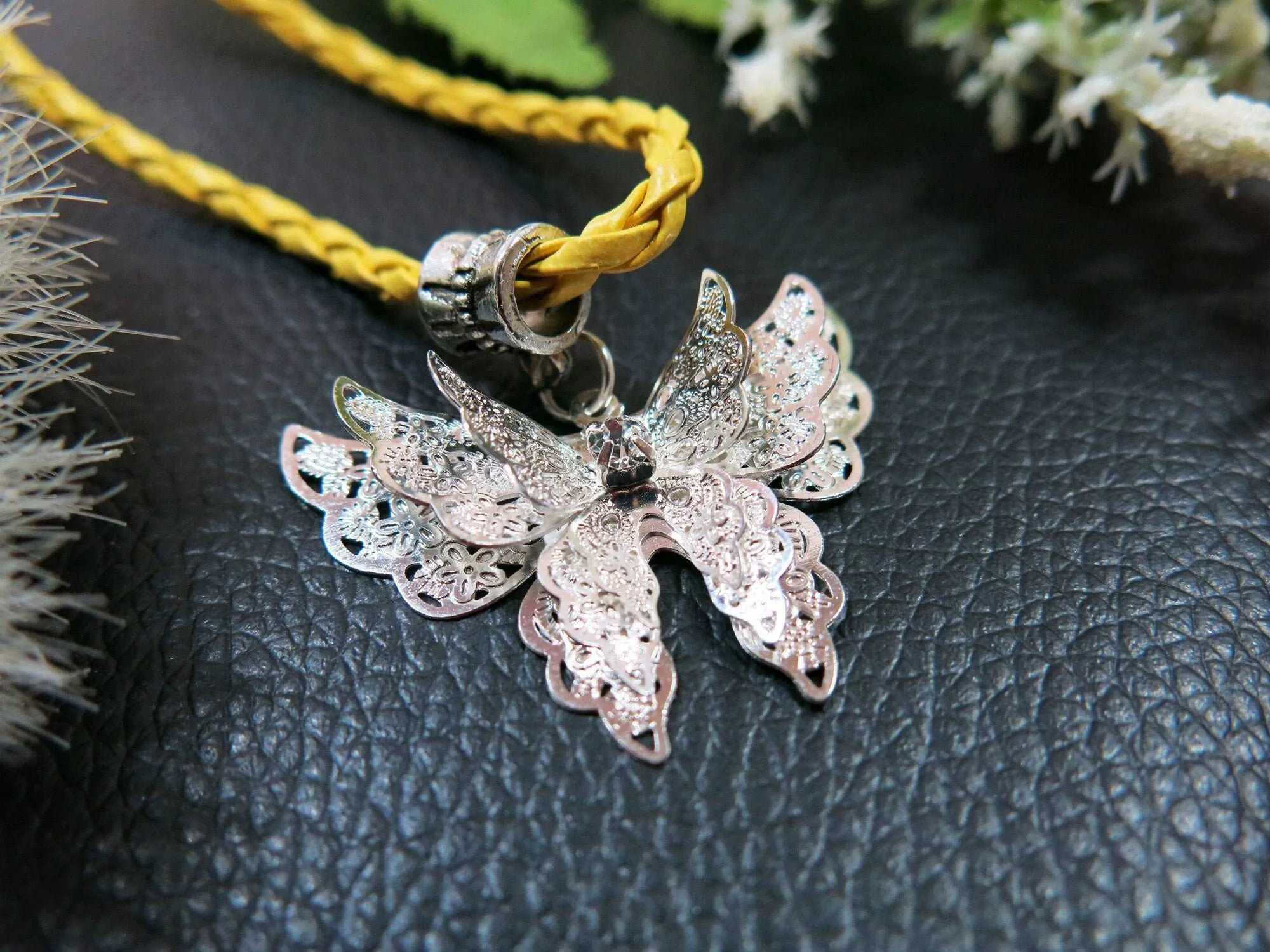 Stamped Gun Metal Charm Pendant on Leatherette Cord, Cute Owl, Snail, Cross or Butterfly Charm Necklace