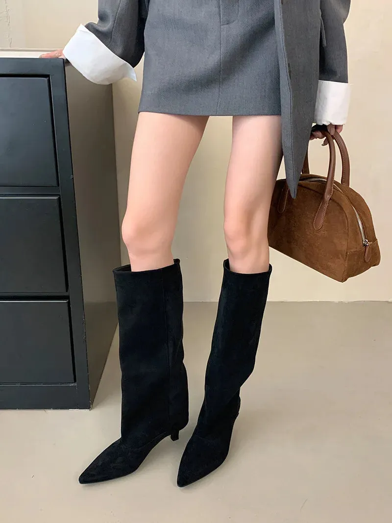 Street Style Pointed Toe Knee-High Boots Women Low Heels Shoes Female Long Booties Women Shoes