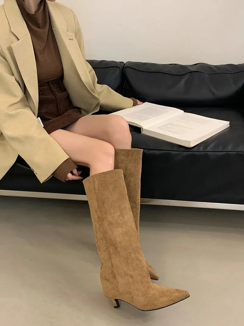 Street Style Pointed Toe Knee-High Boots Women Low Heels Shoes Female Long Booties Women Shoes