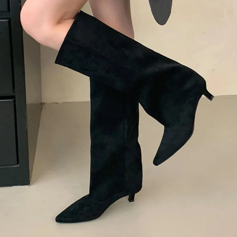 Street Style Pointed Toe Knee-High Boots Women Low Heels Shoes Female Long Booties Women Shoes