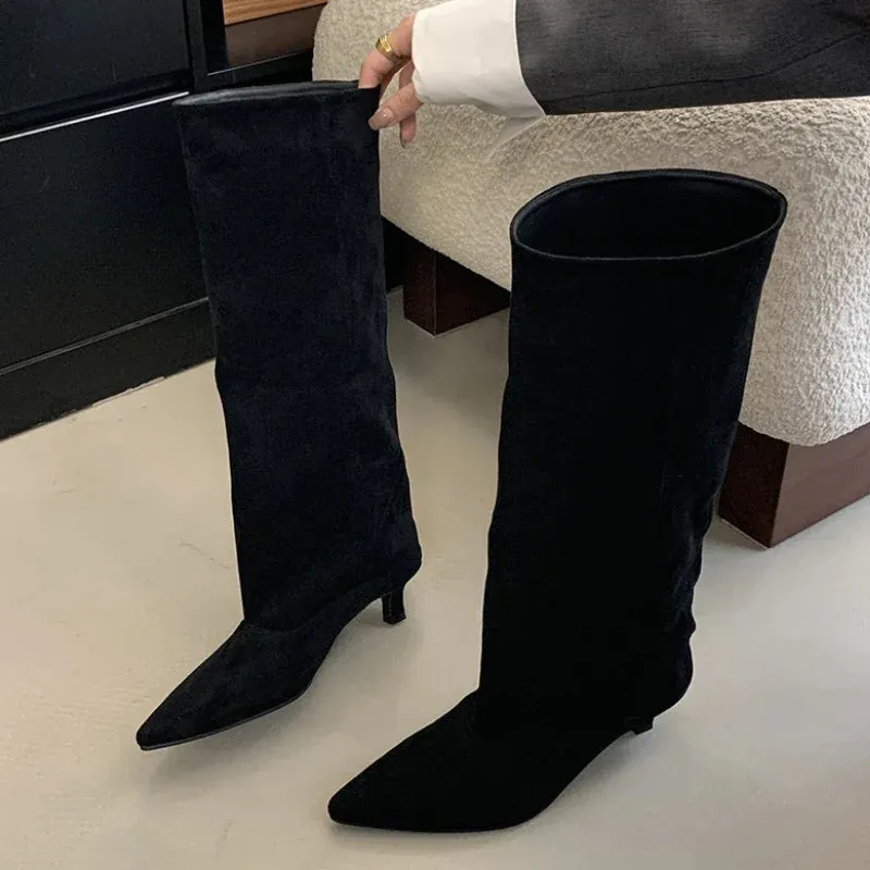 Street Style Pointed Toe Knee-High Boots Women Low Heels Shoes Female Long Booties Women Shoes