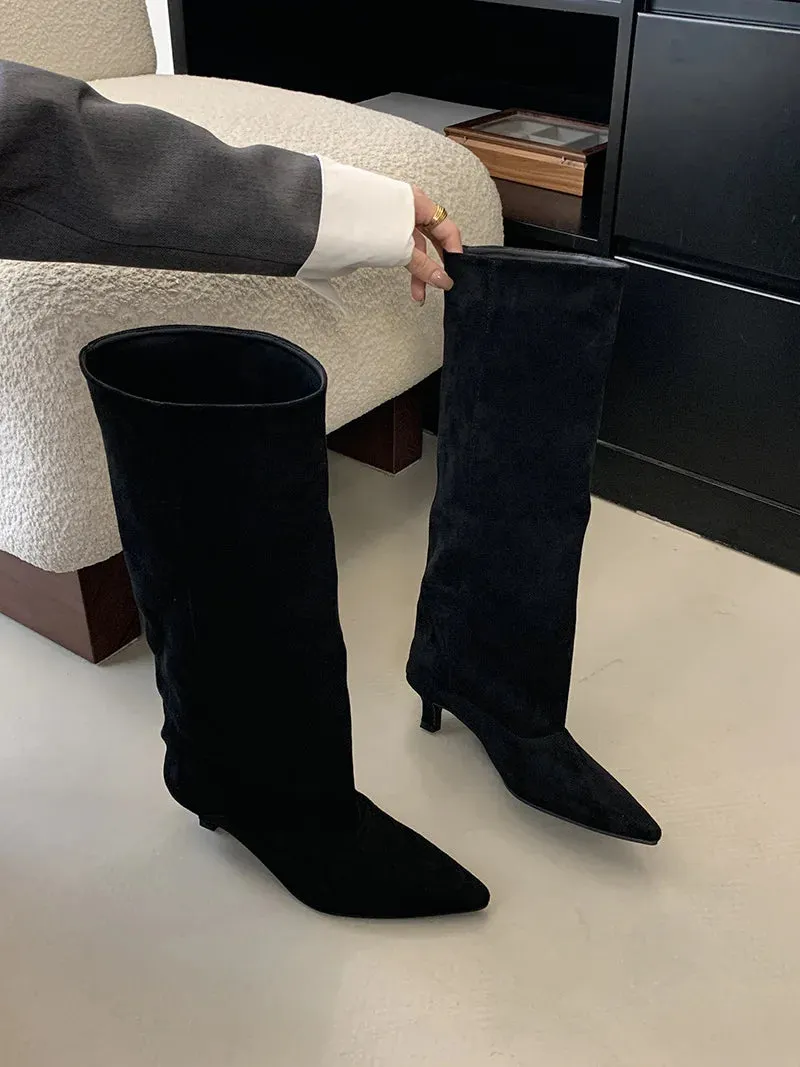 Street Style Pointed Toe Knee-High Boots Women Low Heels Shoes Female Long Booties Women Shoes