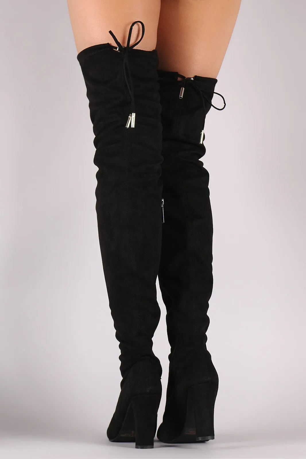 Suede Drawstring-Tie Thick Heeled Over-The-Knee Boots
