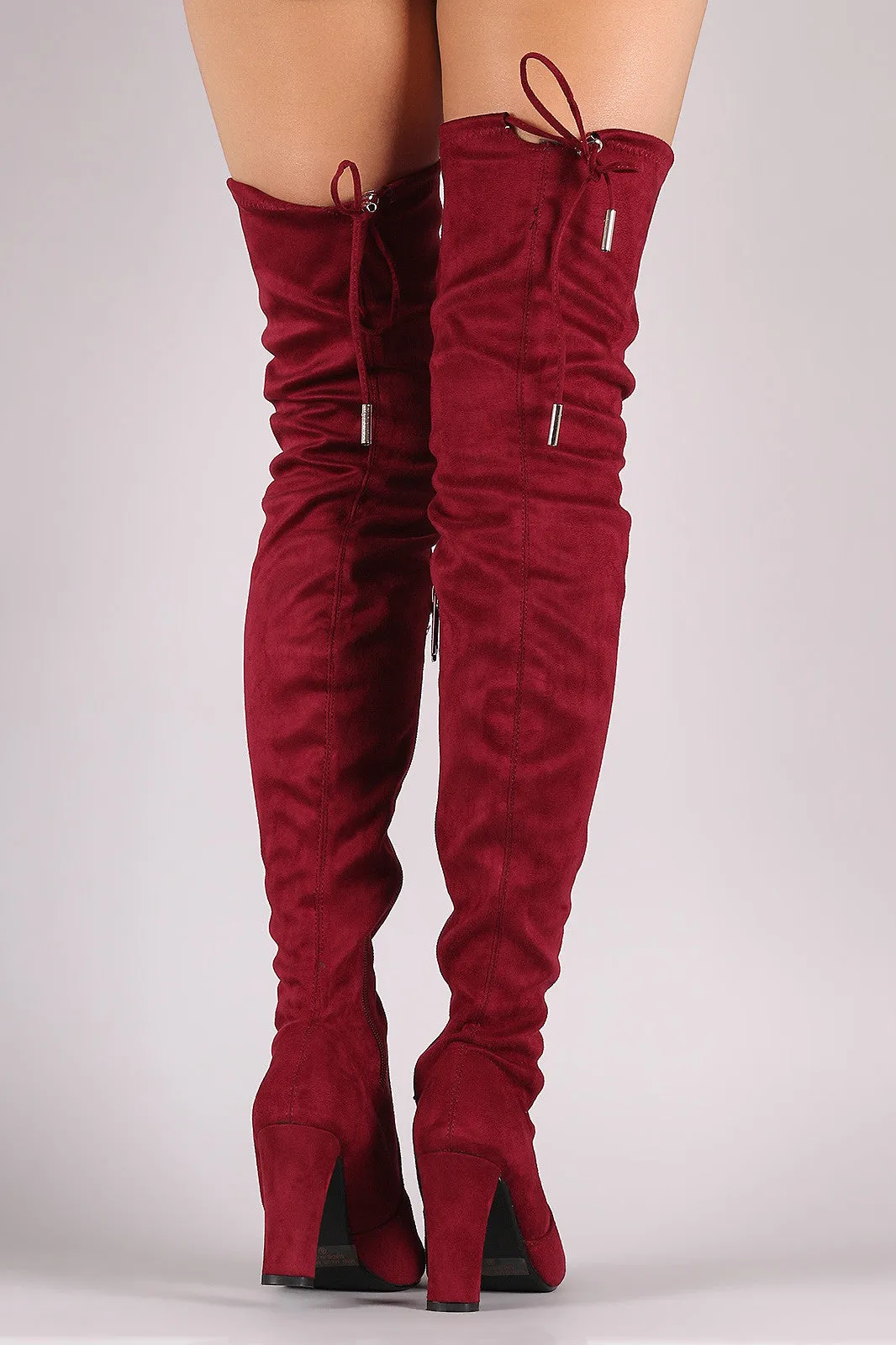 Suede Drawstring-Tie Thick Heeled Over-The-Knee Boots