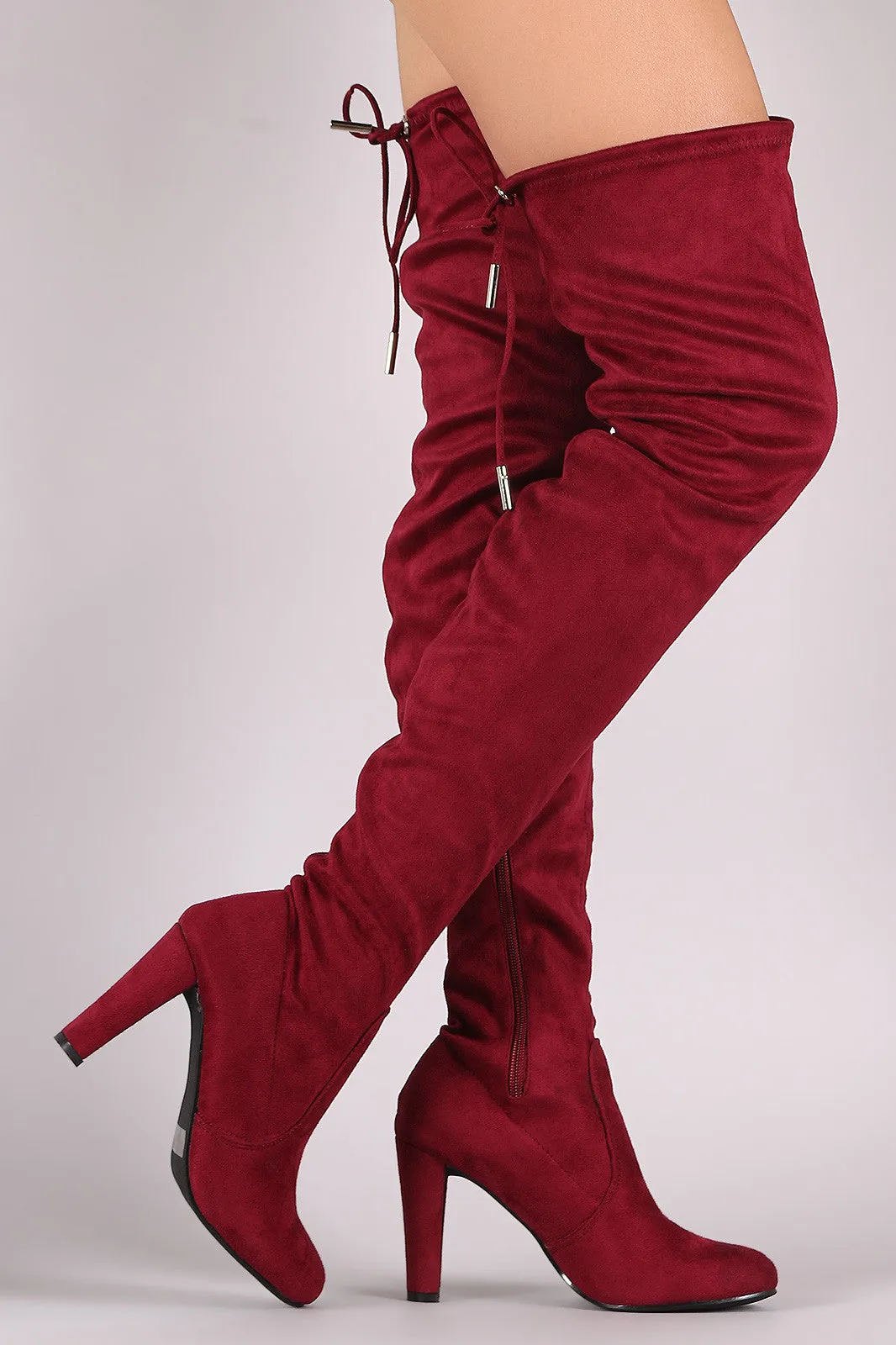 Suede Drawstring-Tie Thick Heeled Over-The-Knee Boots