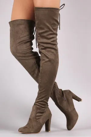 Suede Drawstring-Tie Thick Heeled Over-The-Knee Boots