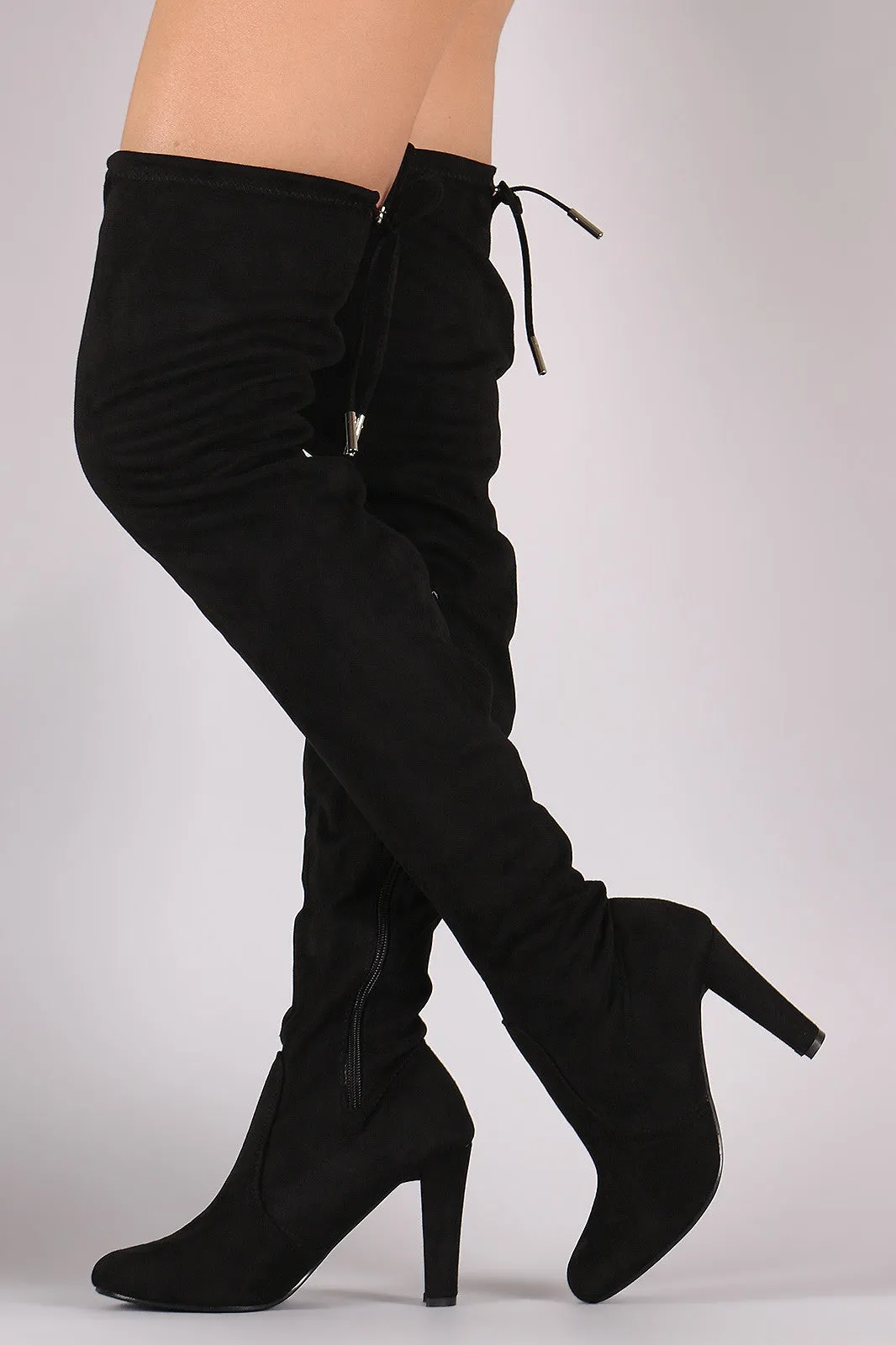 Suede Drawstring-Tie Thick Heeled Over-The-Knee Boots