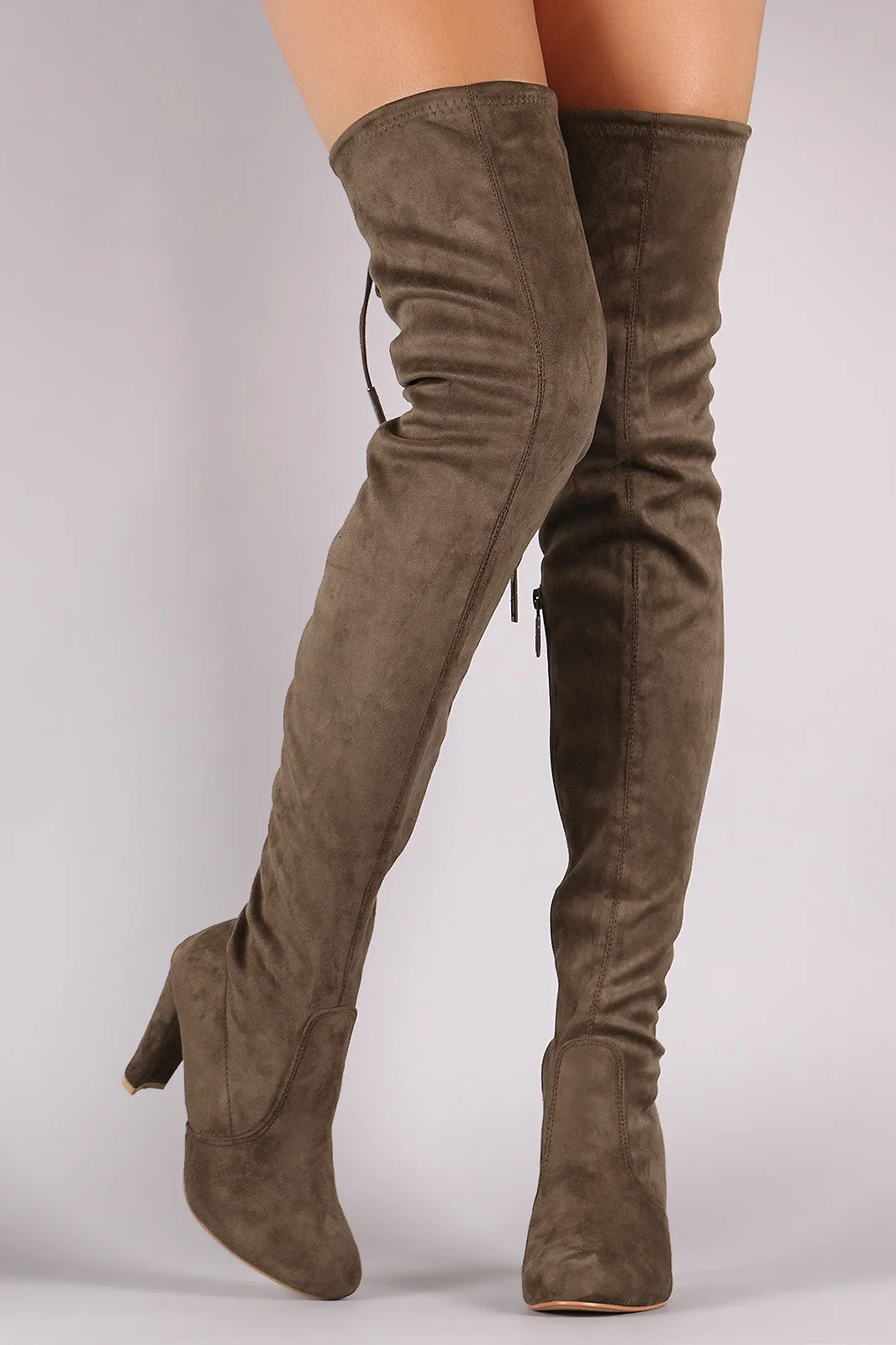 Suede Drawstring-Tie Thick Heeled Over-The-Knee Boots
