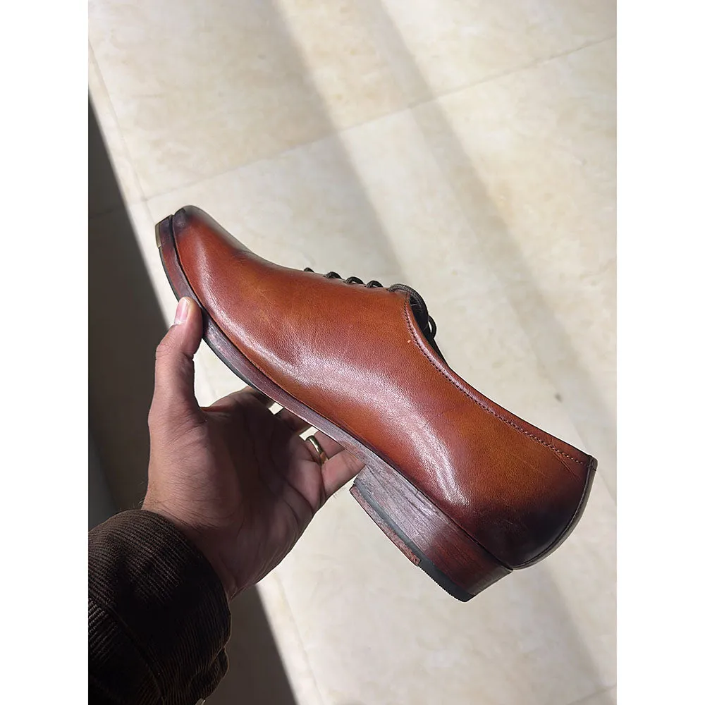 Tan Mirror Glossed Patina Cowboy Oxford   Cuban Heel