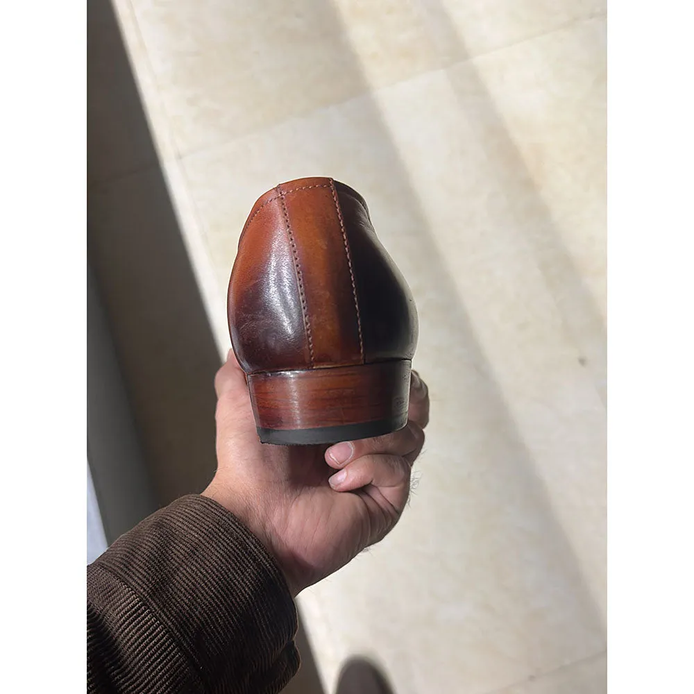 Tan Mirror Glossed Patina Cowboy Oxford   Cuban Heel